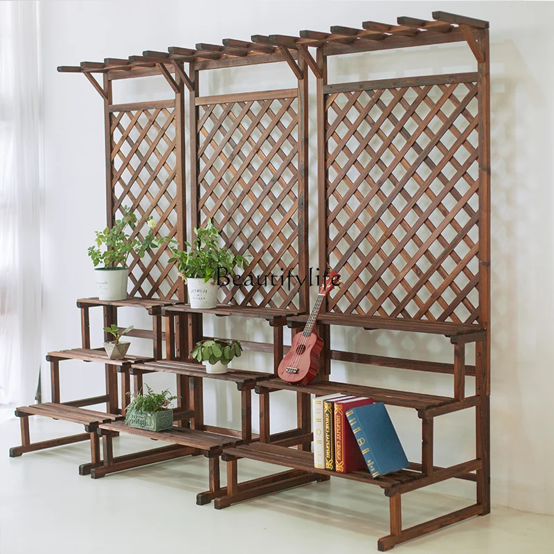 Antiseptic Wood Multi-Layer Ladder Floor-Standing Flower Rack Solid Wood Mesh Jardiniere