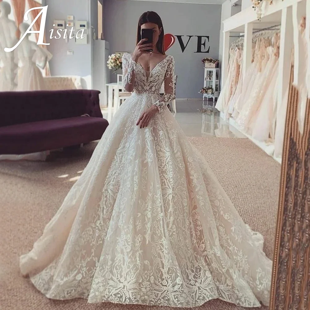 Elegant Bridal Gowns V-Neck Lace Tulle Applique Long Sleeve A-Line Ivory Princess Wedding Dresses 2023 Robe De Mariée Vestido