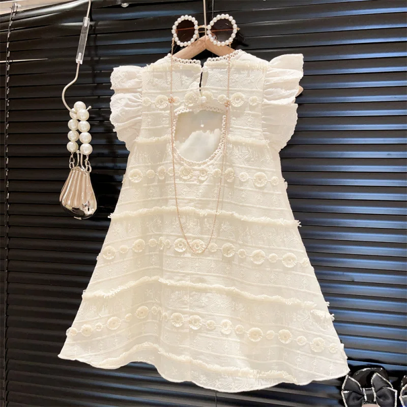 New Girls' Bubble Cotton Lace Backless Bow Flying Sleeve Princess Vest Dress2024Summer Dress