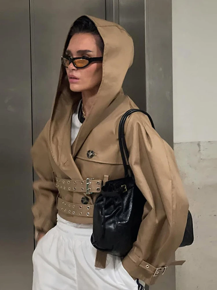 Ladies Jacket Autumn Vintage Hooded Windbreaker Standing Collar Short Coats Lace Up Oversize Outwear