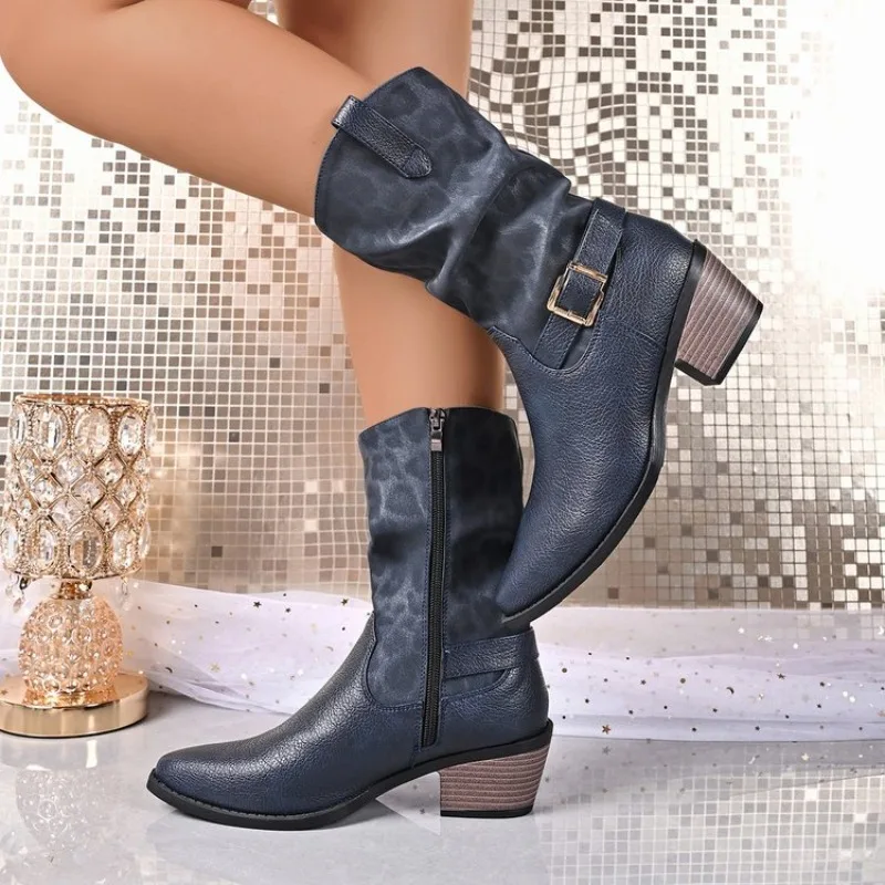 2026 New Pointed Toe Versatile Stacking Boots Retro Style Belt Buckle Thick Heel Women's Shoes