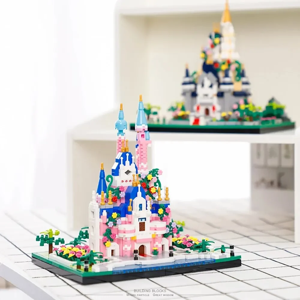 1227PCS Creative Cartoon Pink Princess Castle Architecture Building Blocks Fairy Tale Street View Micro Model Bricks Toys