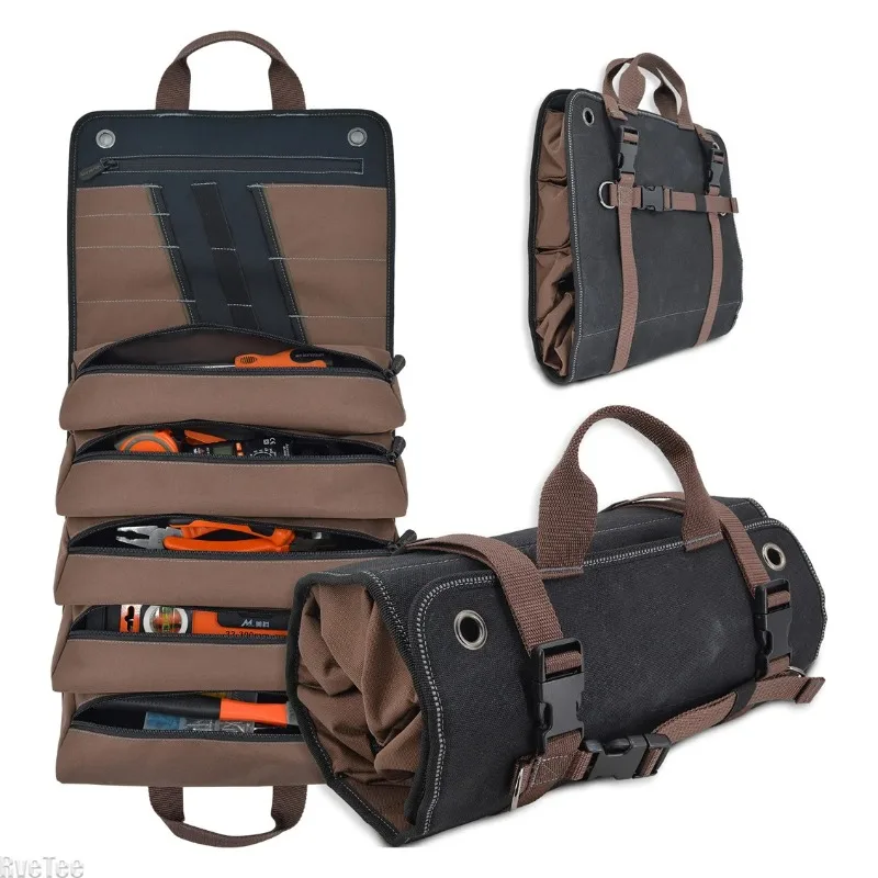 1680D Heavy Duty Waxed Canvas Tool Roll Up Bag, 15-Pockets Professional Organizer for Mechanic Electrician, Waterproof Tool Wrap