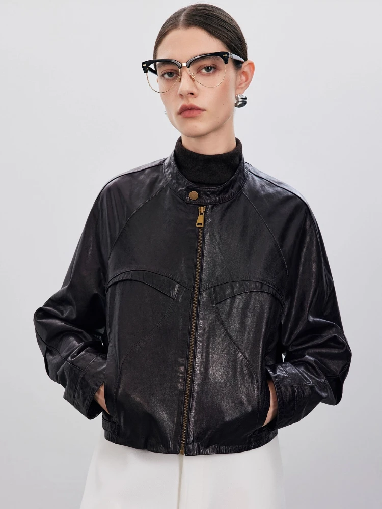 

Casual Short Genuine Leather Motorcycle Jackets for Women Spring Autumn Simple Stand Collar Soft Oil Wax Real Sheepskin Coat