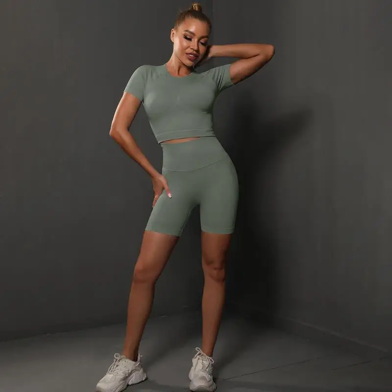 Solid Color Seamless Peach Hip High Stretch Yoga Shorts Set Short-Sleeved Two-Piece Fitness Running Outfit