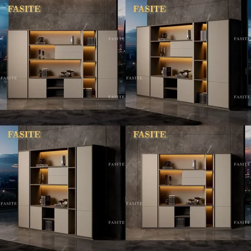 For Office Large Wood Grain File Cabinet Bookcase with Light Locker  Floor Background Storage Atmosphere Decor