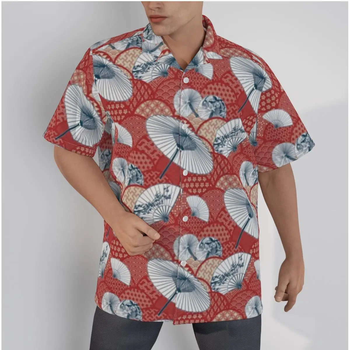 Men's Hawaiian Shirt Oilpaper Umbrella Print Ethnic Style Beach Short Sleeve Summer Casual Button Up Patchwork Red Shirts