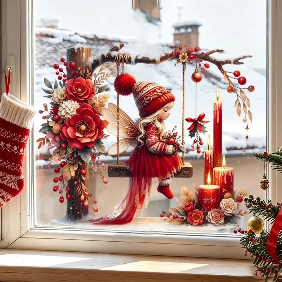 Christmas Fairy Girl Window Sticker Elf Wall Decal Red Floral Candle Lantern Removable Sticker for Glass Door Home Holiday Decor