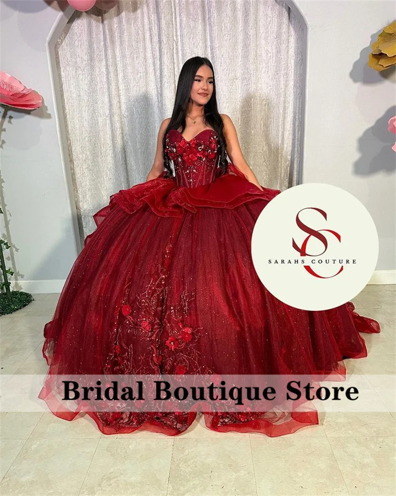 Luxury Red Wine Quinceanera Dresses 2024 Ball Gown Floral Crystal Lace Sweet 16 Dresses Birthday Party Custom-Made