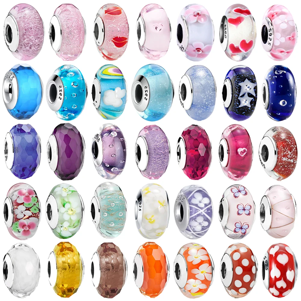 

New Original 925 Sterling Silver Murano Glass Flower and Leaf Cosmic Rainbow Charm Beads for Bracelet DIY Women Jewelry Gift