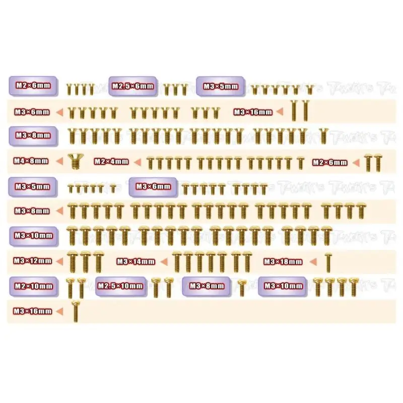 

Original T Works GSS-MRX7-T Gold Plated Steel Upper Deck Screw set 147pcs.( For Mugen MRX7 ) Rc Tool