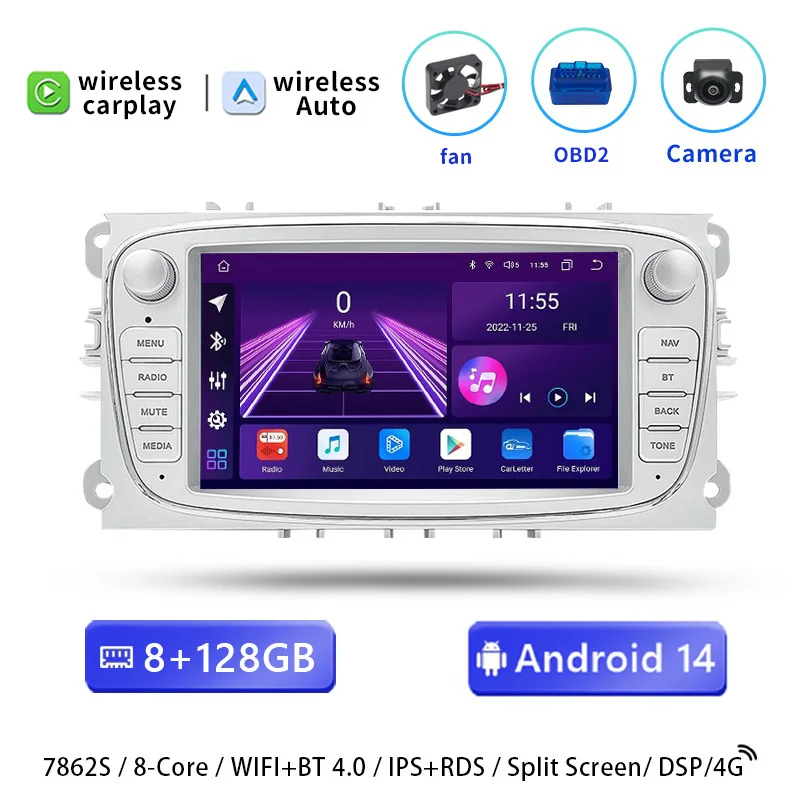 7'2 DIN Draadloze CarPlay Android 14 Autoradio voor Ford Focus Mondeo S-Max C-Max Galaxy Kuga 2008-2011 Multimedia Speler GPS Videobescherming 4G Wifi Head Unit
