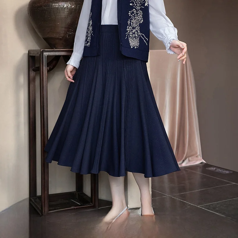 

Ele Vintage f Skirt Women's Loose Fit New Sle Pleated Polyester Fiber A-Line Midi Skirt for Autumn Season