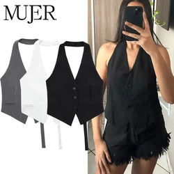 MUJER Black White Sleeveless Vest Women off Shoulder Cropped Vests for Women Waistcoat Halter Vest Top Women Fashion Vest Woman