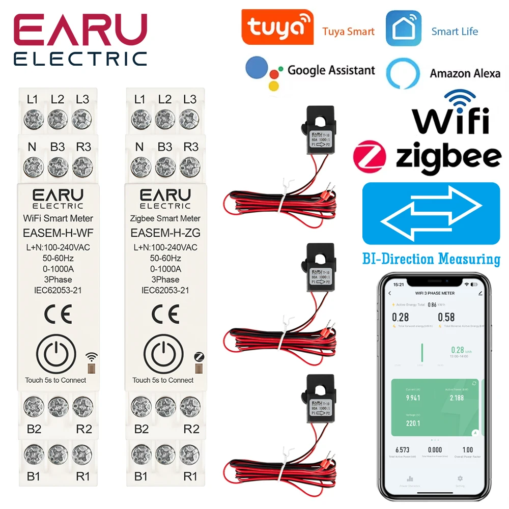 

Tuya Smart WiFi ZigBee счетчик энергии с 3-кратными зажимами для солнечной фотоэлектрической системы, потребление энергии, двунаправленный мониторинг