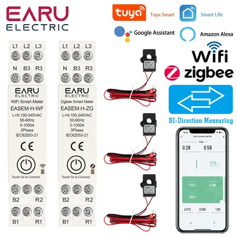 Tuya 스마트 WiFi ZigBee 에너지 미터(태양광 PV 시스템용 CT 클램프 3개 포함) 전력 생산 소비 양방향 모니터링