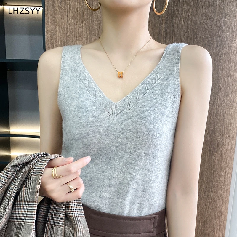 

LHZSYY New 100%Pure Wool Vest Ladies First Line Garment V-Neck Hollow-out Camisole Four Seasons Lnside knit Sling Sleeveless Top