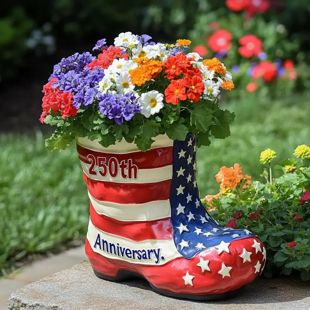 

Цветочный горшок в форме ботинок из смолы, патриотический американский флаг, кашпо для ботинок, 250-я статуя, коллекционный подарок, активный сервис, коллекционная США