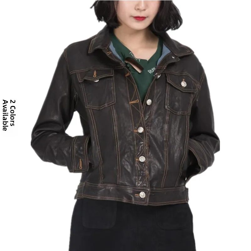 

Oversize Boyfriend Style Top Layer Tanned Sheep Leather Real Leather Jacket Women's Denim Style Short Sleeve Long Coat
