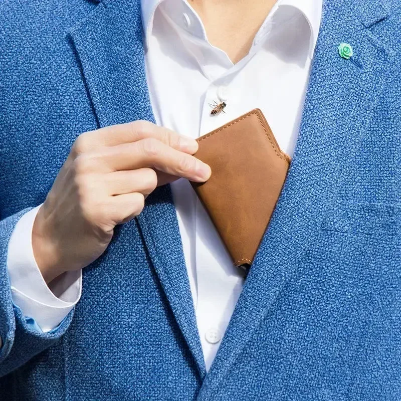 Carteira masculina de couro dividido, porta-cartões fino com clipe de dinheiro, bloqueio RFID, porta-cartões de crédito pop-up, carteiras minimalistas para homens