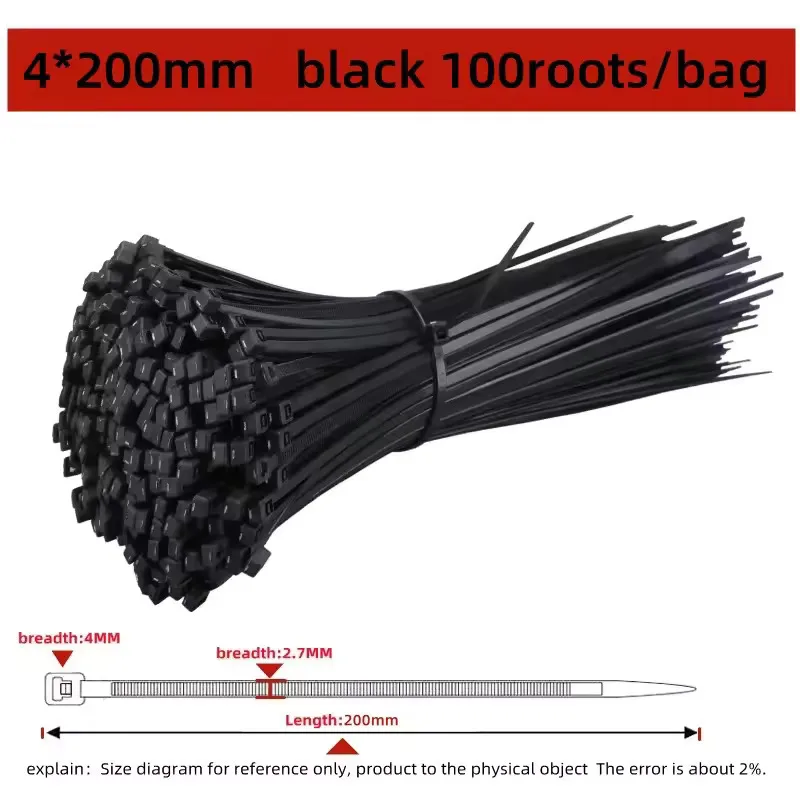 100 STUKS Zelfsluitende Plastic Nylon Tie Zwarte Bevestigingsband Kabelbinder-Set Kabel Zip Tie Bevestigingsring Zip Wraps Strap Tie