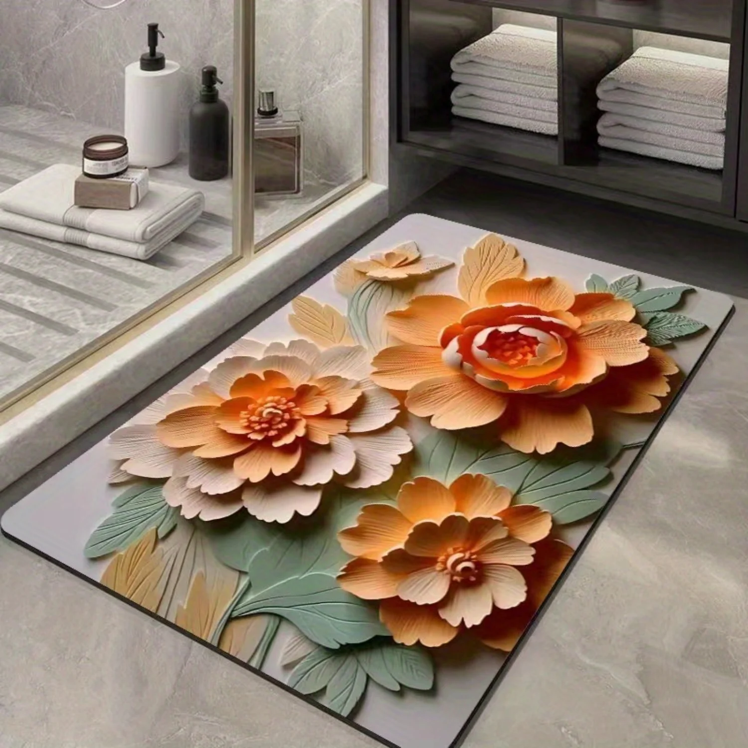 Alfombra de suelo de flores 3D con tecnología absorbente de agua de barro de diatomeas - Almohadilla antideslizante de secado rápido para baño y sala de estar -