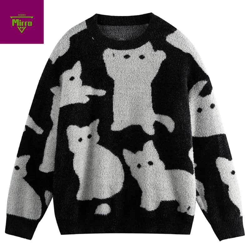 

【Mirrordust】Свитера с рисунком кота, мужские винтажные свитера большого размера Y2K, вязаные джемперы, уличная одежда, свитера в стиле Харадзюку в стиле хип-хоп, трикотаж