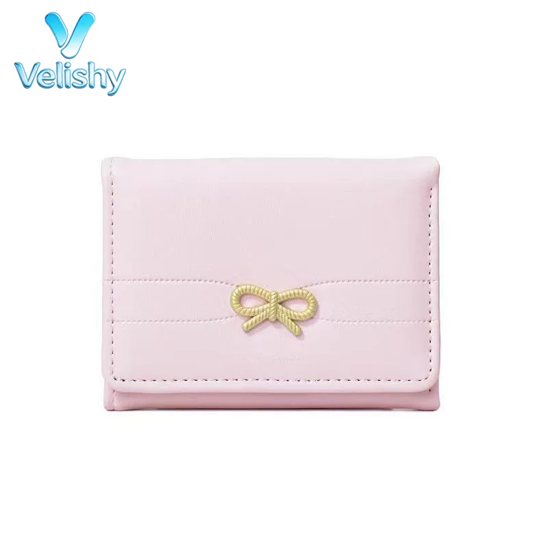 New Minimalist Solid Color Faux Leather Compact Wallet With Golden Bow Decoration And Multiple Card Slots. Perfect For Daily Use