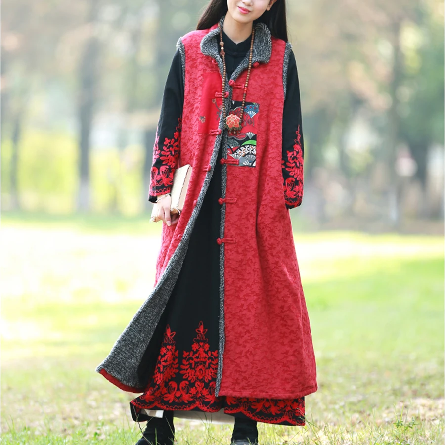 LZJN-Sleeveless Fleece Waistcoat, Long Waistcoat, Retro Ethnic Style, Patchwork, Warm Cardigan, Red Vest, New Chinese Style,