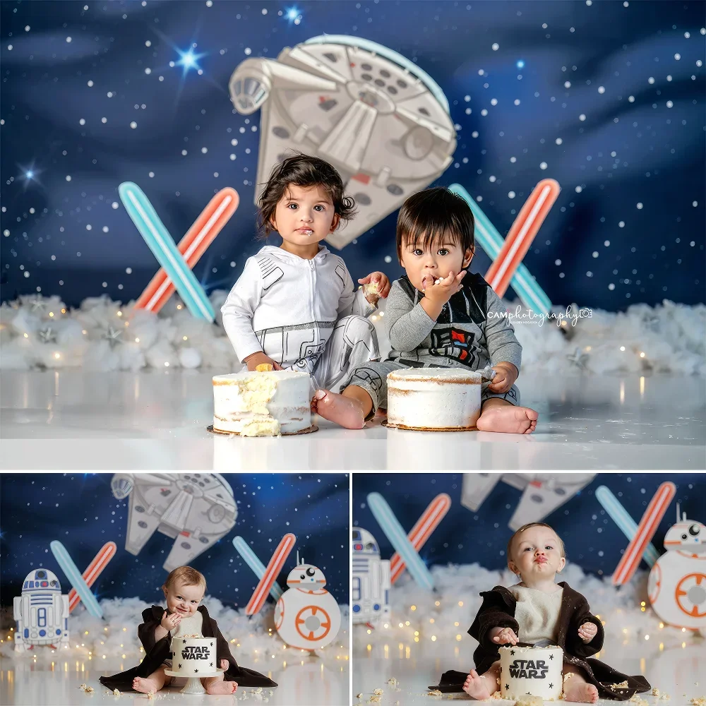 

Cake Smash Background Alien Spaceship Starry Sky Stars Glow Stick Dark Blue Baby Shower Birthday Portrait Backdrop Photography