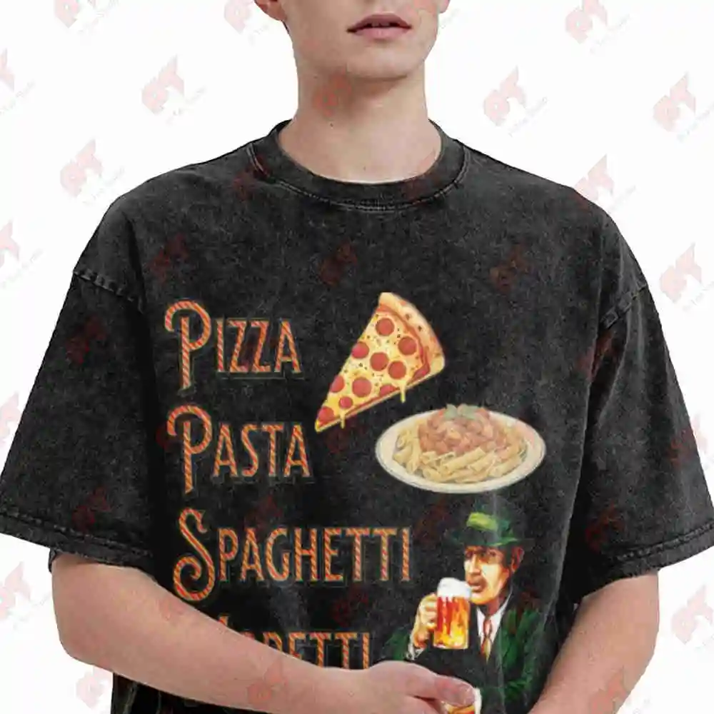 Pizza Pasta Spaghetti Moretti Italy Beer Alcohol Vintage Washed Tee Pure Cotton T-Shirt