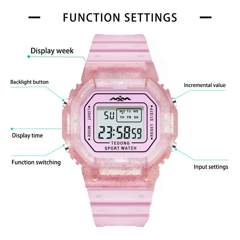 Correa de silicona para mujer, reloj digital multifuncional con calendario y despertador, luz nocturna, resistente al agua