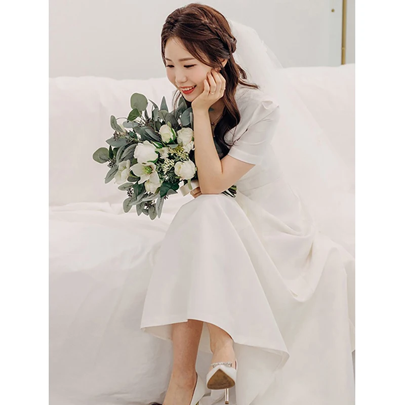 Korean Style Light Wedding Dress Satin Medium Long Short Sleeved Evening Gown Slimming and Minimalist Dress Wedding Shooting