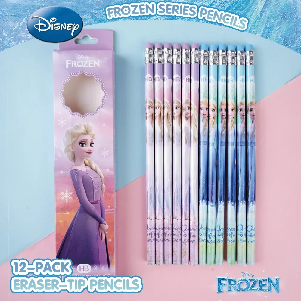 12pcs Disney Frozen Princess Elsa HB Pencil, Wooden Rod Pencil With Rubber Head, Birthday Gift, Writing Pencil，Office Supplies.