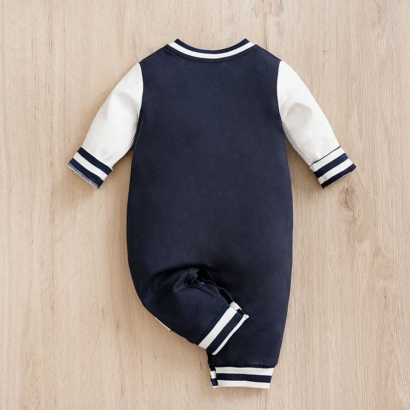 BabyBoys AndGirls Newborn Casual Solid Color Contrasting Children\'s Baseball Suit Cotton Spring And Autumn Long Sleeved Jumpsuit