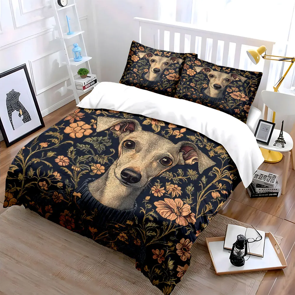 Elegant greyhound with floral background Printed Duvet Cover Set 1 Duvet Cover+2 Pillowcase Multi Size Bedroom Bedding Decor
