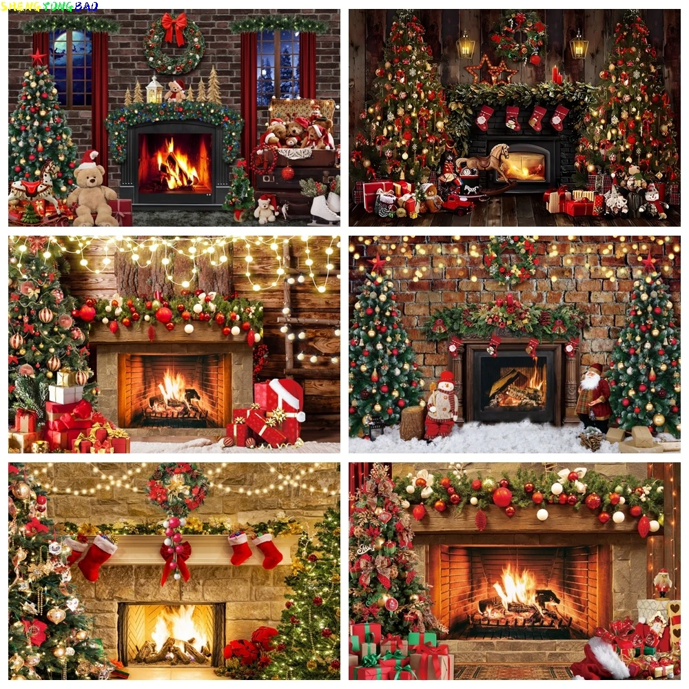 

Christmas Fireplace Background for Photography Winter Xmas Wooden Window Tree Gift Party Decor Backdrop Portrait Photo Studio