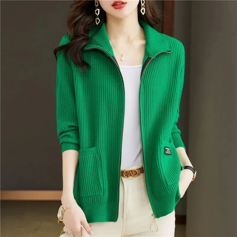 

Knitted Cardigan Jacket Women Sweater New Autumn Winter Lapel Zipper Sweater Jacket Loose Solid Outerwear Female Sweatshirt Tops
