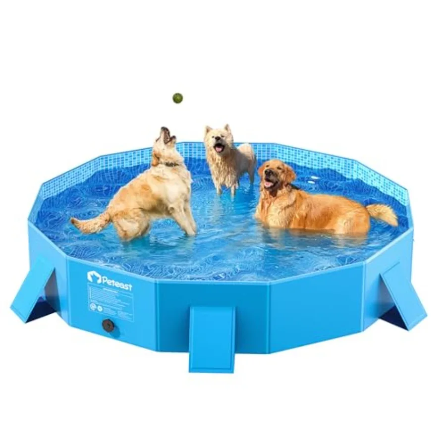 Foldable Dog Kiddie Pool with Stable Side Support, Hard Plastic Shell Portable Dog Pool, Collapsible Swimming Pools for Pet and