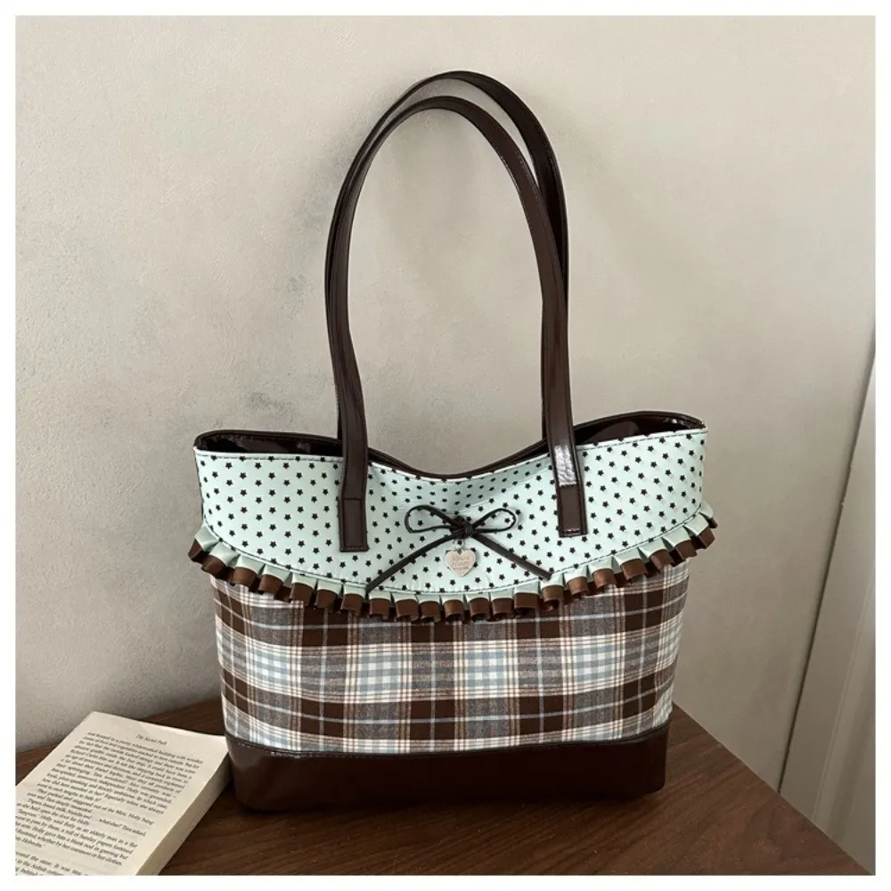 Elegant Mint Green Lace Plaid Tote Bag Bowknot Large Capacity Patchwork Handbag Cloth Polka Dot Canvas Tote Bag Underarm