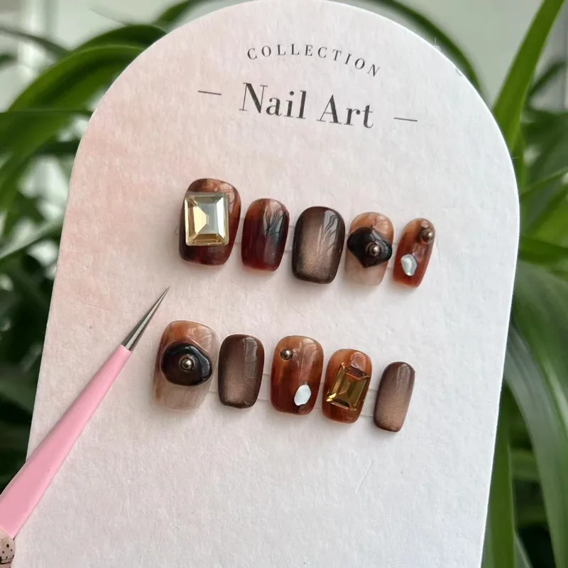 Handmade False Nails for Gluing Girls Autumn Winter Nail Art Brown Self-adhesive Press on Nails Set Fake Nail with Box and Tools