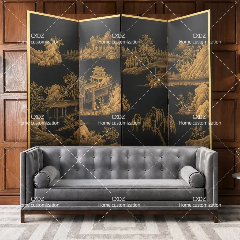 Chinese Lacquer Painting Black Gold Folding Screen Retro Living Room Hotel Villa Home Partition Hand Painted Entrance Decor