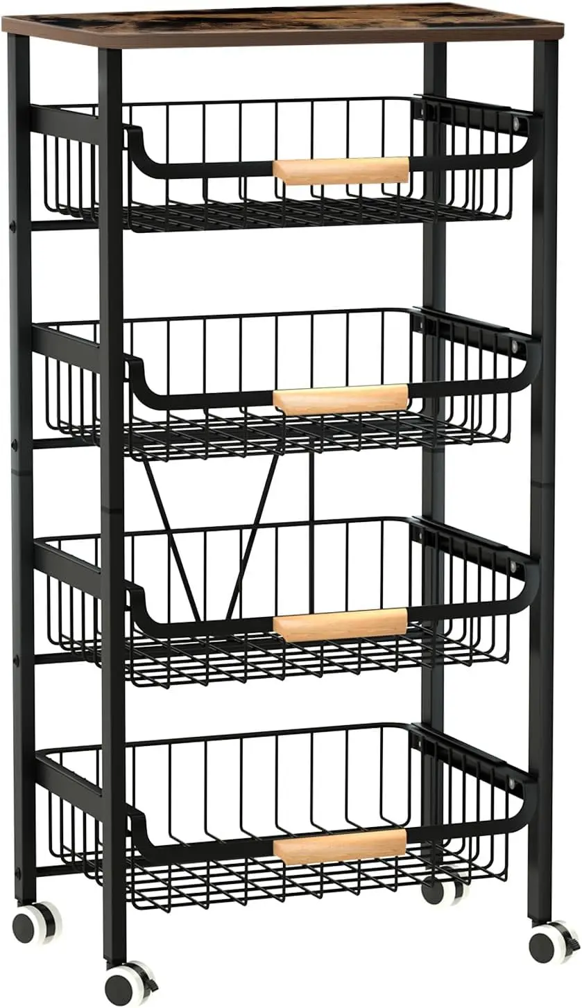 

5-Tier Rolling Cart with Wheels, Large Capacity Kitchen Cart, Mobile Utility Cart with Wooden Tabletop and Mesh Baskets, Bathro