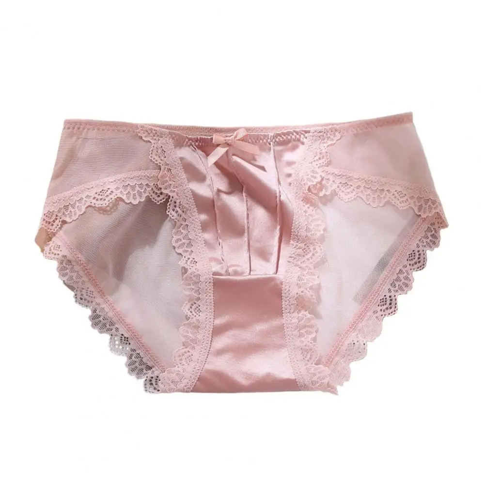 Lace Panties Lace Trim Low-rise Briefs See-through Net Yarn Stitching Bowknot Decor Seamless Briefs Ice Silk Underwear