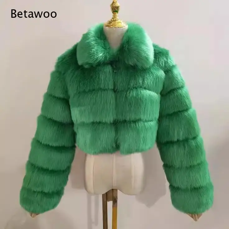 Women Thick Zip Up Faux Fur Outerwear Stand Collar Horizontal Block Cropped Fluffy Furry Winter Layering Jacket