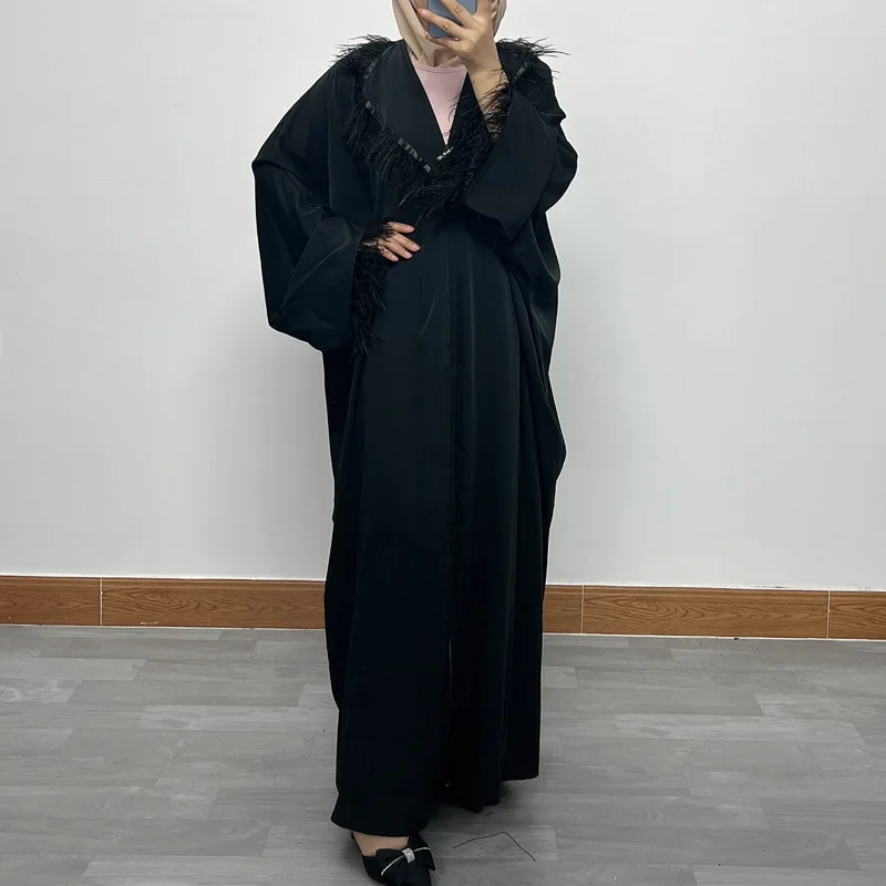 

Long Sleeve Abaya Coat Dubai Style Loose Fit Maxi Overgarment With Beaded Details For Plus Size