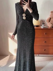 Luxury Runway Elegant Women Sexy V Neck Diamonds Shiny Party Dress New Spring Gold Large Button Bodycon Mermaid Black Prom Robe