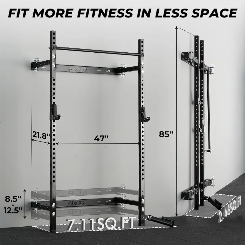 

Mikolo 2"x2" Foldable Wall Mount Squat Rack 1000 LBS Load Capacity Power Rack Pull Up Bar J Hooks Home Strength Training Gear