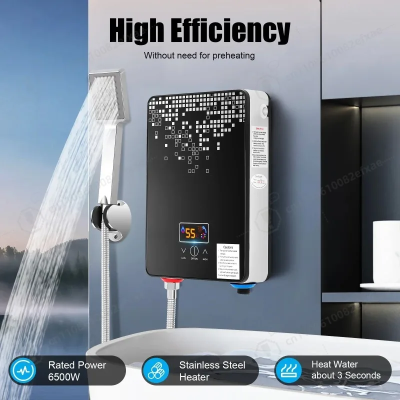6.5KW Electric Water Heater 30-55°C Instant Hot Water Heater with Digital Display for Bathroom-220V Black Shower Hot Water Set