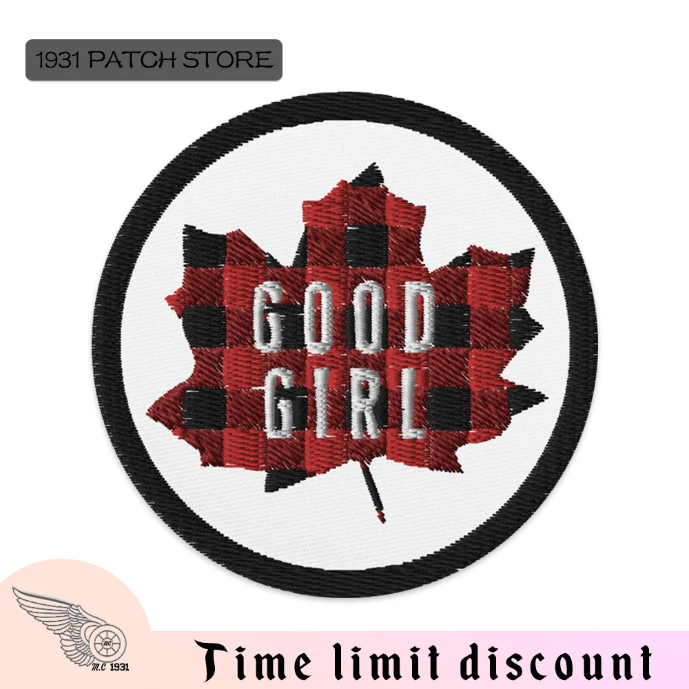 Good Girl Round Embroidery Patches Iron on Patches for Clothing Jeans Embroidered Badges Black Red Checkered Maple Leaf Classic